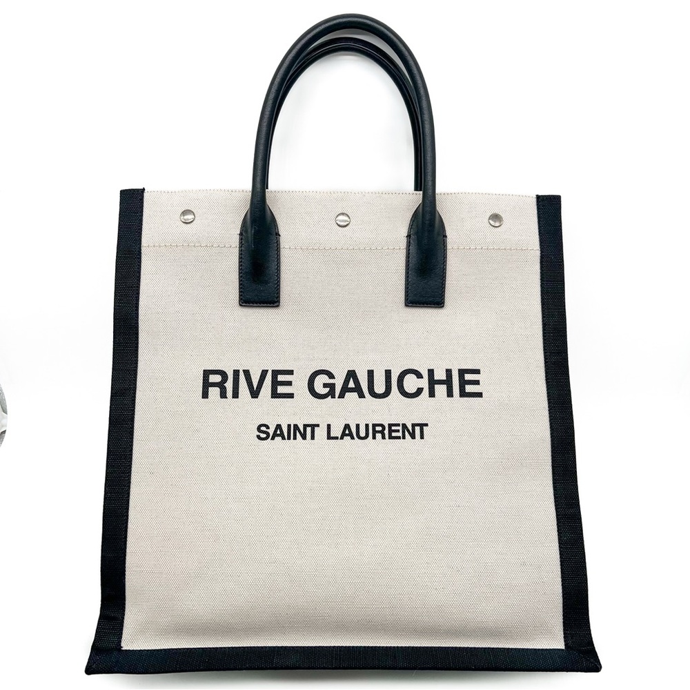 Saint Laurent Rive Gauche North South Canvas Tote – Black Leather Trim